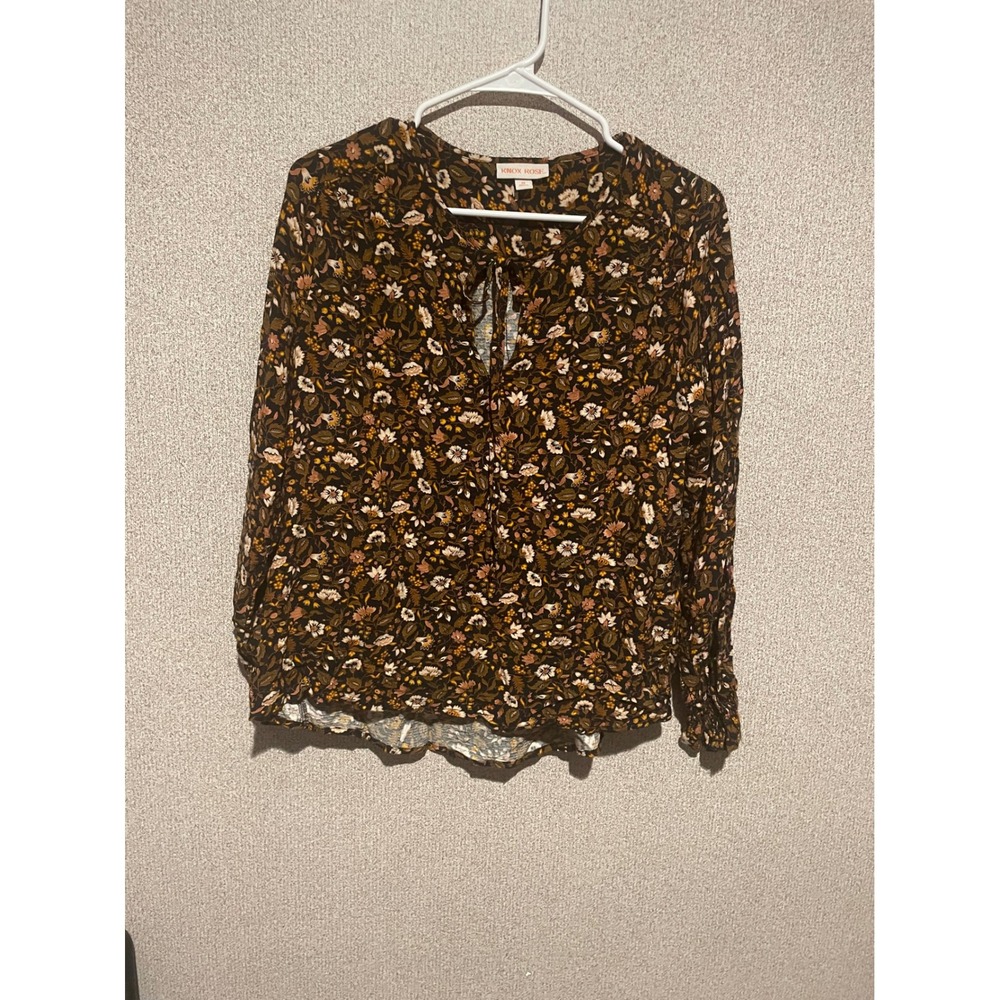 Knox Rose Women's Brown Floral Print Long Sleeve Keyhole Blouse Top